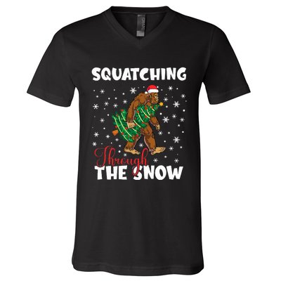 Bigfoot Squatching Through The Snow Sasquatch Christmas Xmas  V-Neck T-Shirt