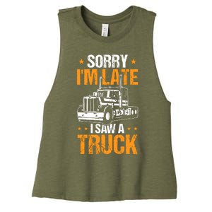 Boy Semi Truck Sorry IM Late I Saw A Truck Women's Racerback Cropped Tank