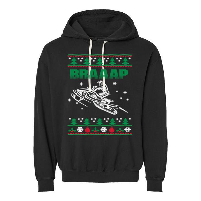 Braaap Snowmobiling Ugly Christmas Garment-Dyed Fleece Hoodie