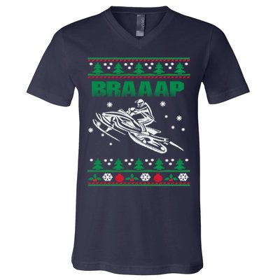 Braaap Snowmobiling Ugly Christmas V-Neck T-Shirt