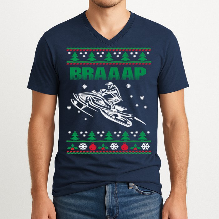 Braaap Snowmobiling Ugly Christmas V-Neck T-Shirt