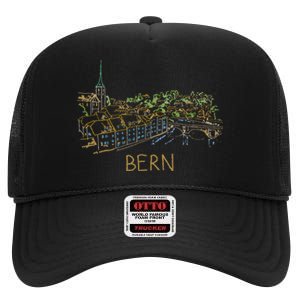 Bern Switzerland Unique Hand Drawn Art High Crown Mesh Back Trucker Hat