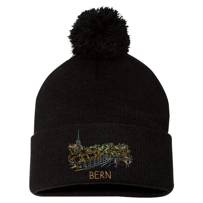 Bern Switzerland Unique Hand Drawn Art Pom Pom 12in Knit Beanie