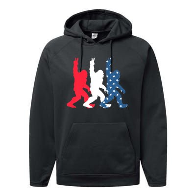 Bigfoot Sasquatch USA Flag Colors 4H Of July Patriotic Gift Performance Fleece Hoodie