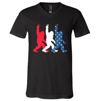 Bigfoot Sasquatch USA Flag Colors 4H Of July Patriotic Gift V-Neck T-Shirt