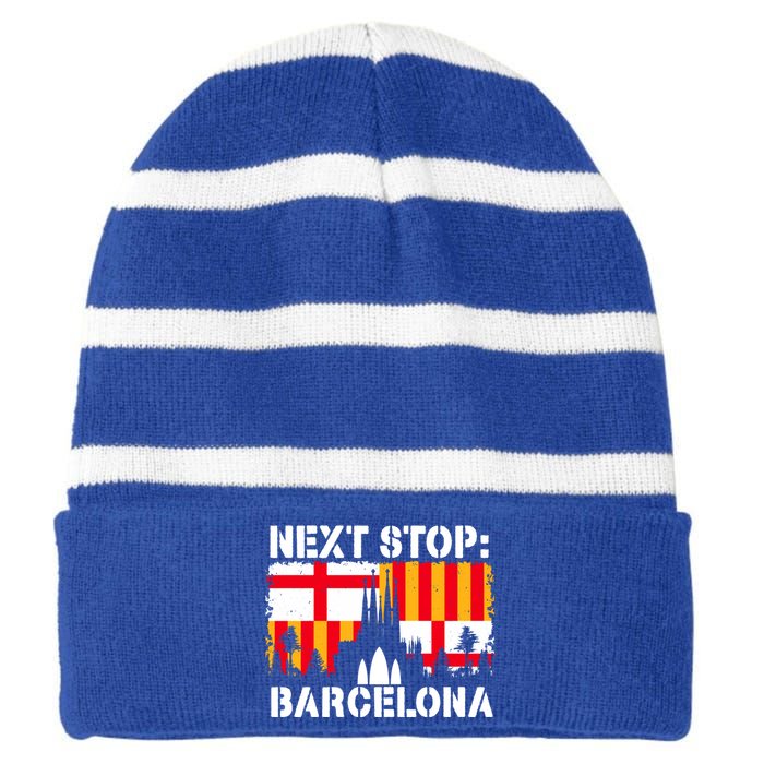 Barcelona Summer Vacation Trip Next Stop Spain Vacay Vibes Gift Striped Beanie with Solid Band