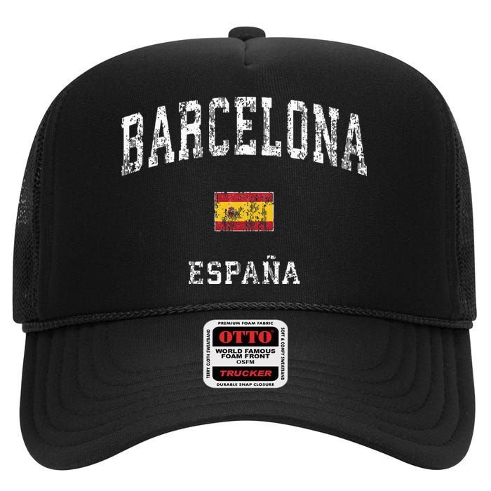 Barcelona Spain Vintage Athletic Sports High Crown Mesh Back Trucker Hat