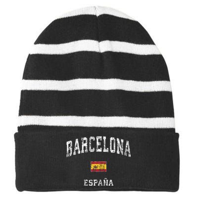 Barcelona Spain Vintage Athletic Sports Striped Beanie with Solid Band