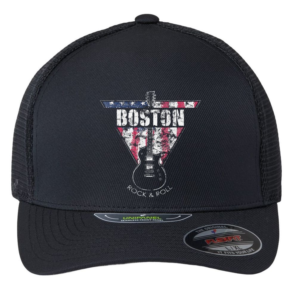 Boston Souvenir Vintage American Flag Guitar Player Rock Flexfit Unipanel Trucker Cap