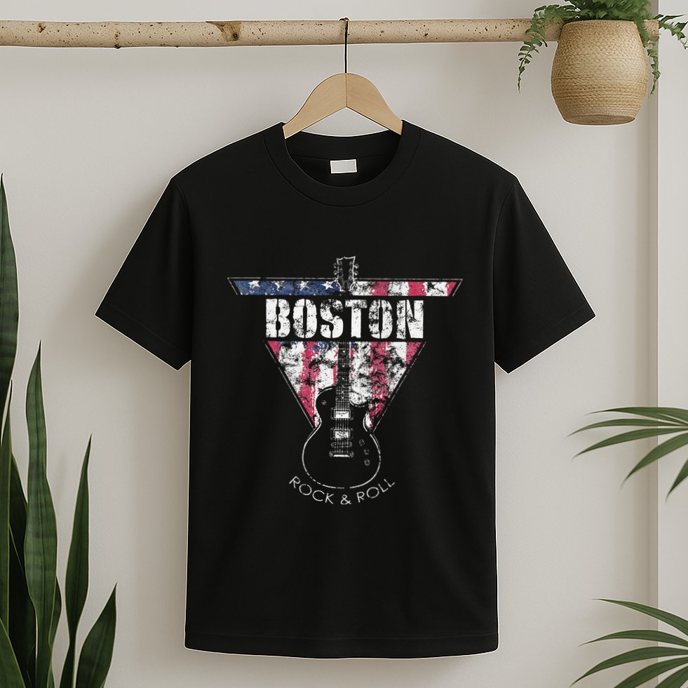 Boston Souvenir Vintage American Flag Guitar Player Rock T-Shirt