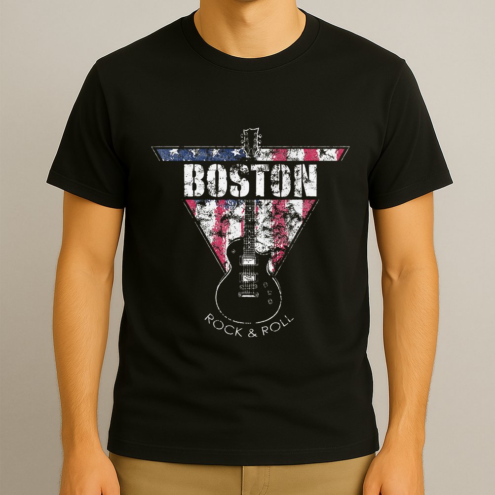 Boston Souvenir Vintage American Flag Guitar Player Rock T-Shirt