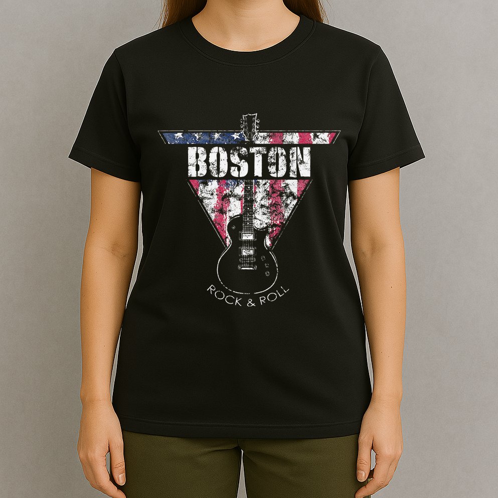 Boston Souvenir Vintage American Flag Guitar Player Rock T-Shirt
