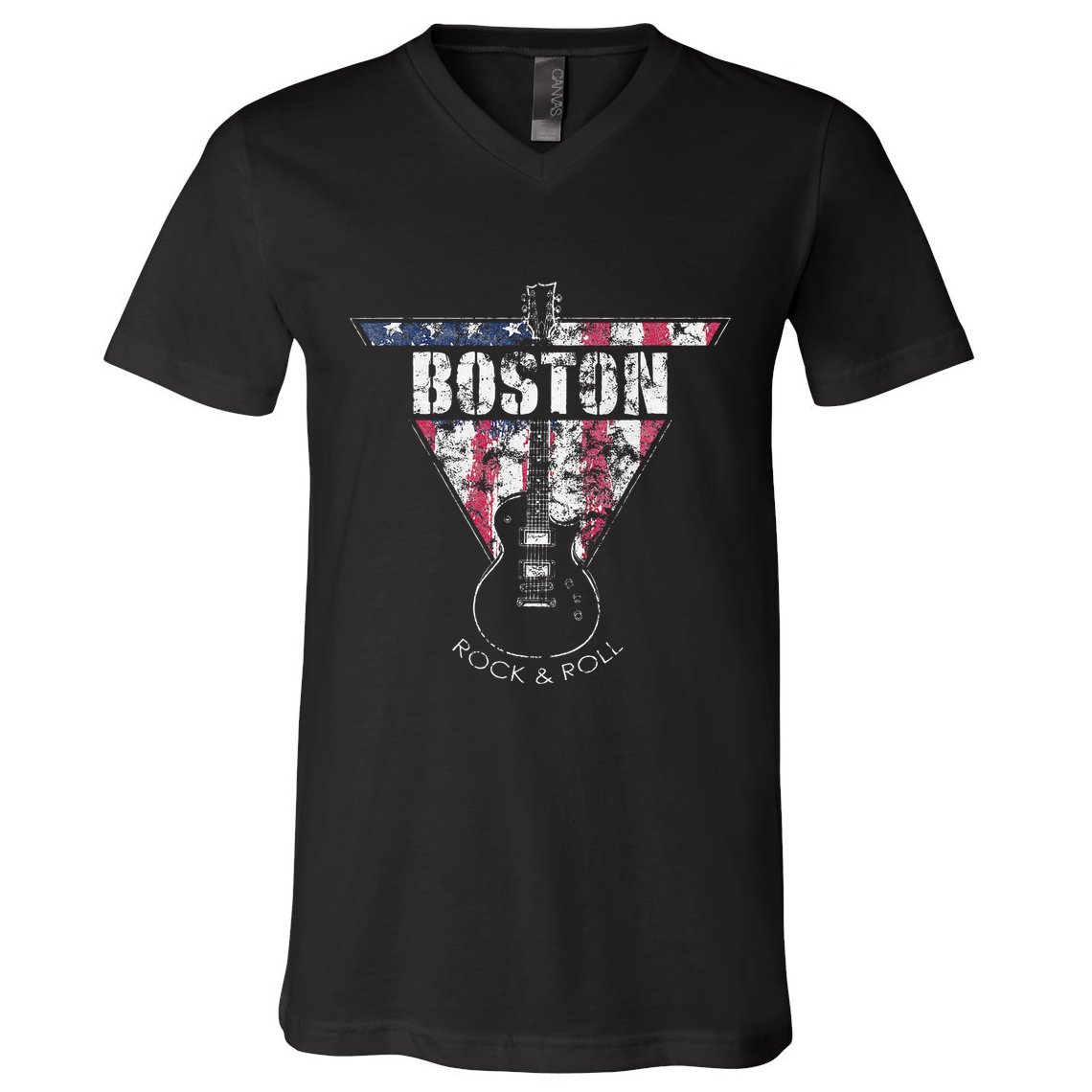 Boston Souvenir Vintage American Flag Guitar Player Rock V-Neck T-Shirt