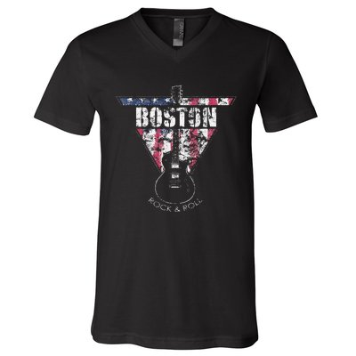 Boston Souvenir Vintage American Flag Guitar Player Rock V-Neck T-Shirt