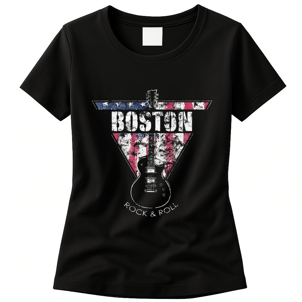 Boston Souvenir Vintage American Flag Guitar Player Rock Womens T-Shirt