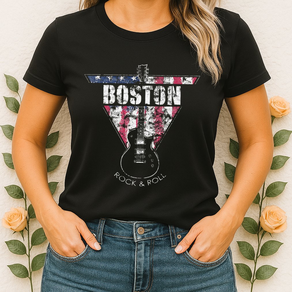 Boston Souvenir Vintage American Flag Guitar Player Rock Womens T-Shirt
