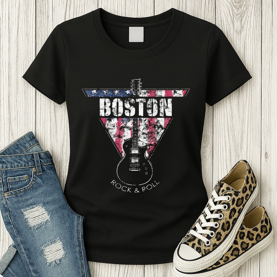 Boston Souvenir Vintage American Flag Guitar Player Rock Womens T-Shirt