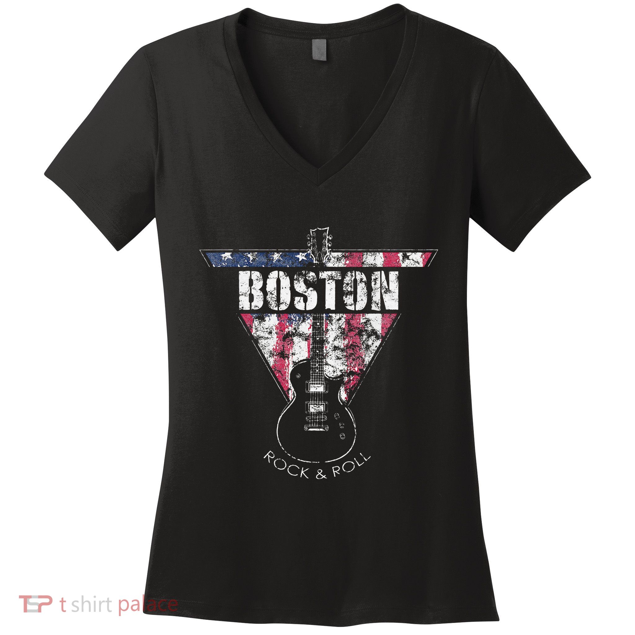 Boston Souvenir Vintage American Flag Guitar Player Rock Women's V-Neck T-Shirt