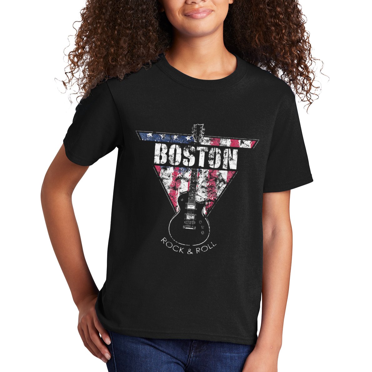 Boston Souvenir Vintage American Flag Guitar Player Rock Kids T-Shirt