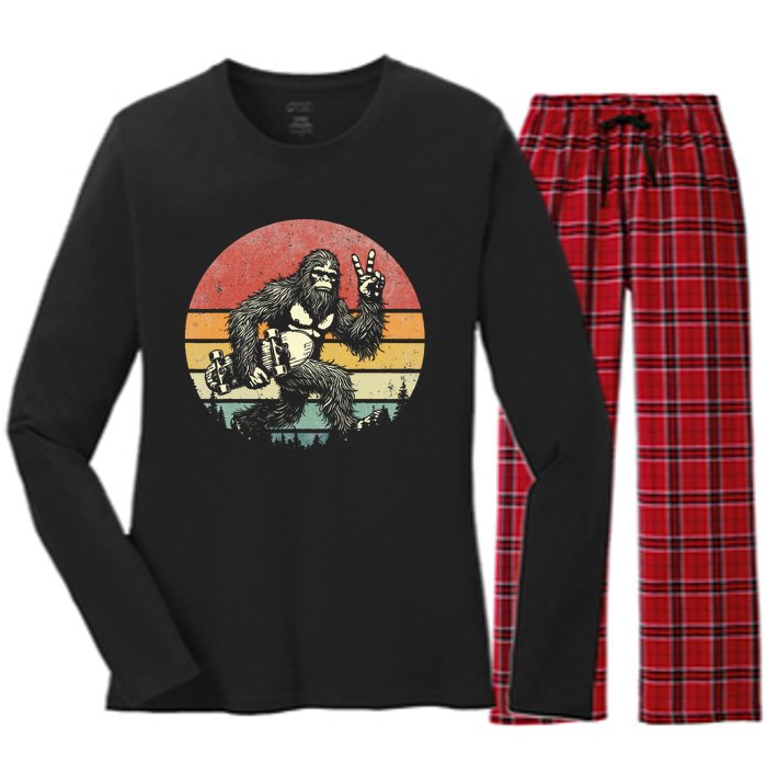 Bigfoot Skater Vintage Sasquatch Skateboarding Women's Long Sleeve Flannel Pajama Set 