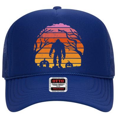 Bigfoot Silhouette With Pumpkins Halloween Yeti Retro Funny High Crown Mesh Back Trucker Hat