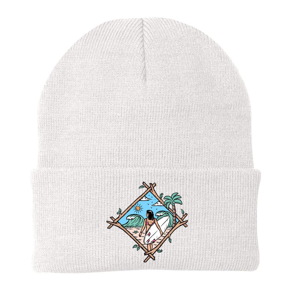 Beautiful Surfer Woman On The Beach Holiday Gift Surf Beanie