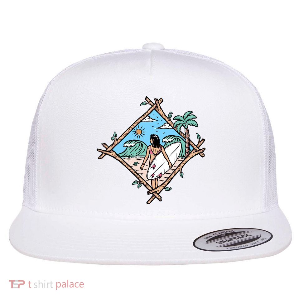 Beautiful Surfer Woman On The Beach Holiday Gift Surf Flatbill Hat