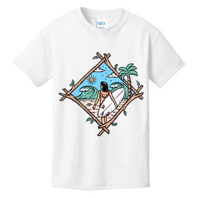 Beautiful Surfer Woman On The Beach Holiday Gift Surf Kids T-Shirt