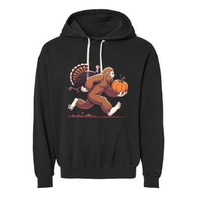 Bigfoot Sasquatch With Turkey And Pumpkin For Thanksgiving Garment-Dyed Fleece Hoodie