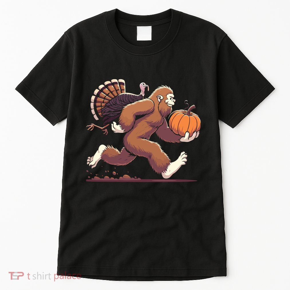 Bigfoot Sasquatch With Turkey And Pumpkin For Thanksgiving Tall T-Shirt