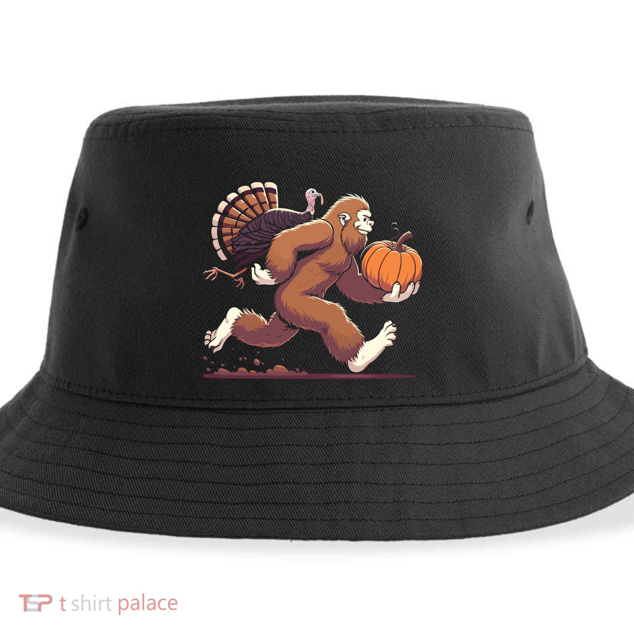 Bigfoot Sasquatch With Turkey And Pumpkin For Thanksgiving Sustainable Bucket Hat