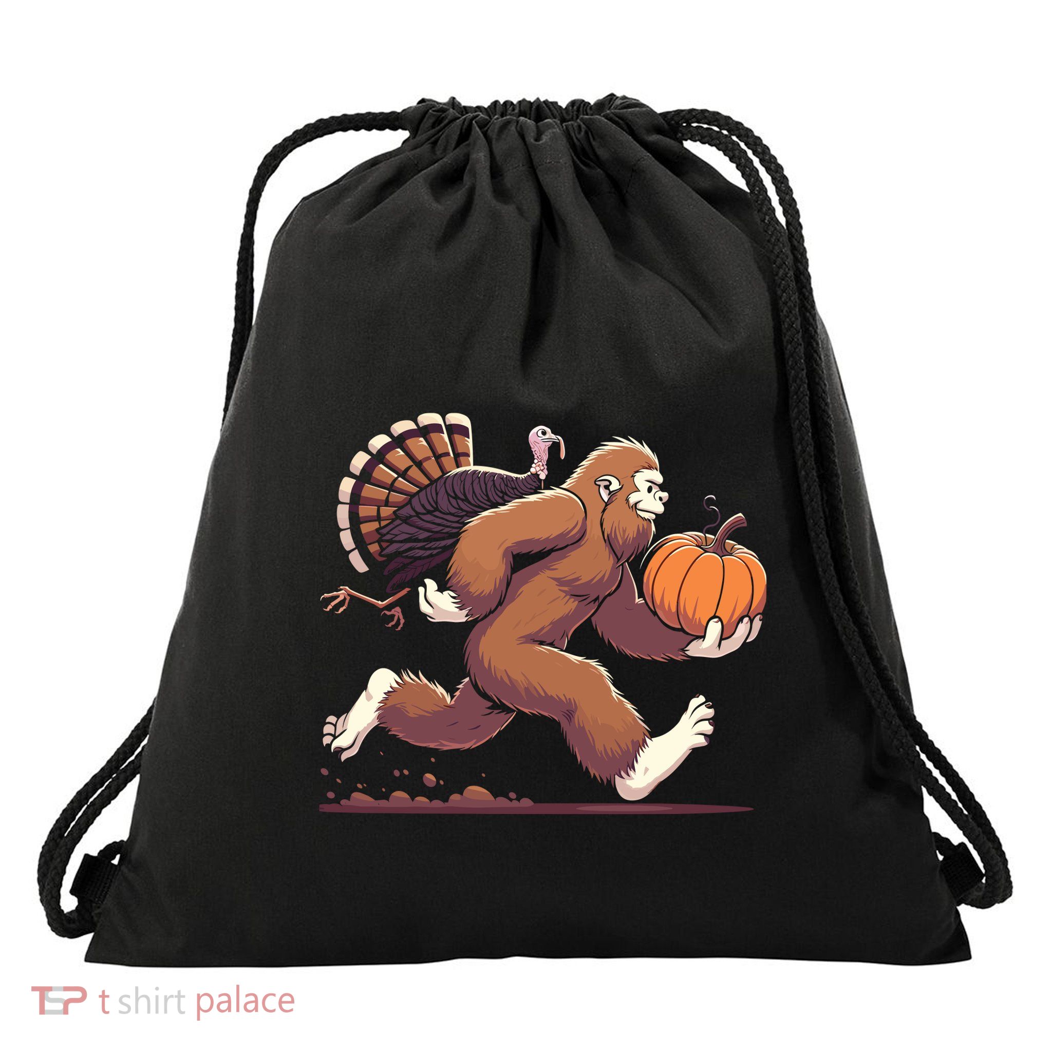 Bigfoot Sasquatch With Turkey And Pumpkin For Thanksgiving Drawstring Bag