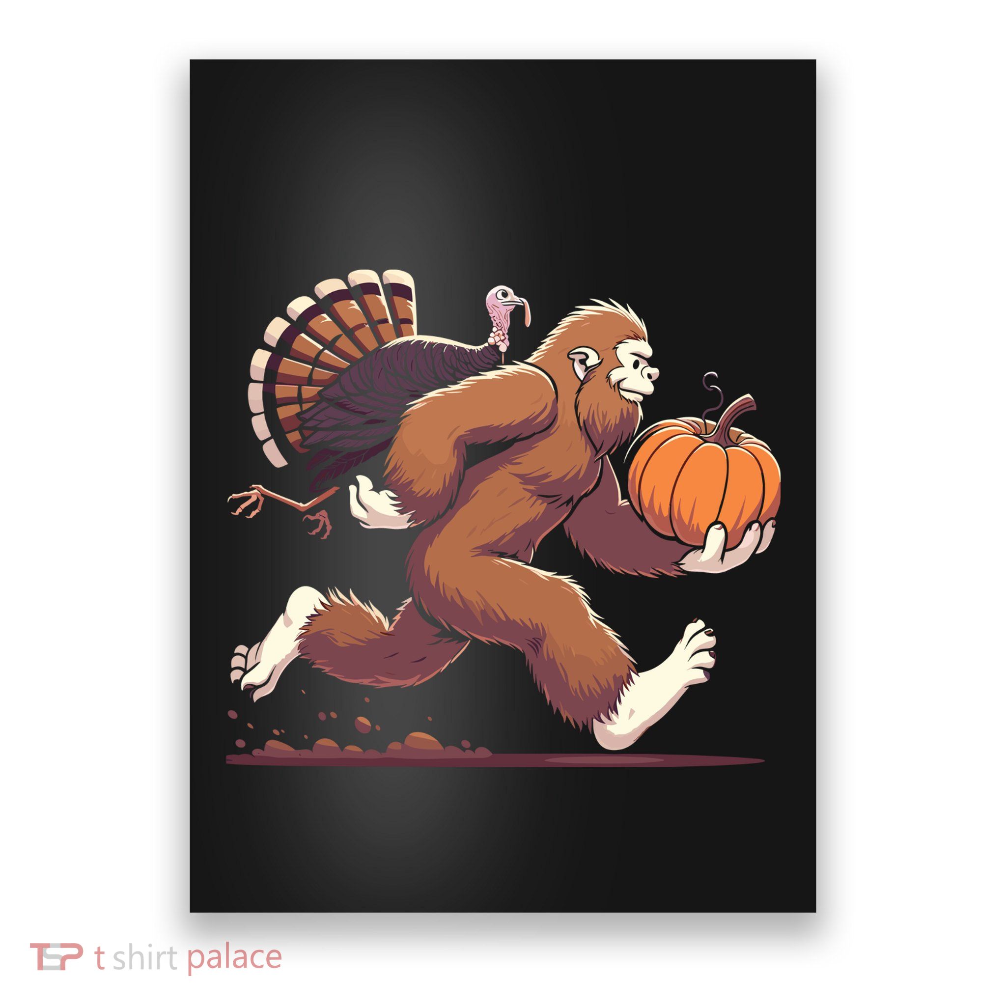 Bigfoot Sasquatch With Turkey And Pumpkin For Thanksgiving Poster
