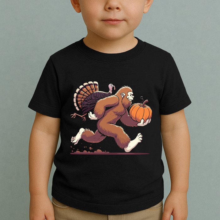 Bigfoot Sasquatch With Turkey And Pumpkin For Thanksgiving Toddler T-Shirt