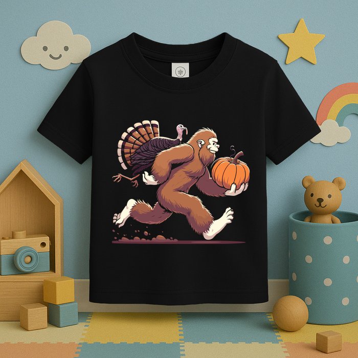 Bigfoot Sasquatch With Turkey And Pumpkin For Thanksgiving Toddler T-Shirt