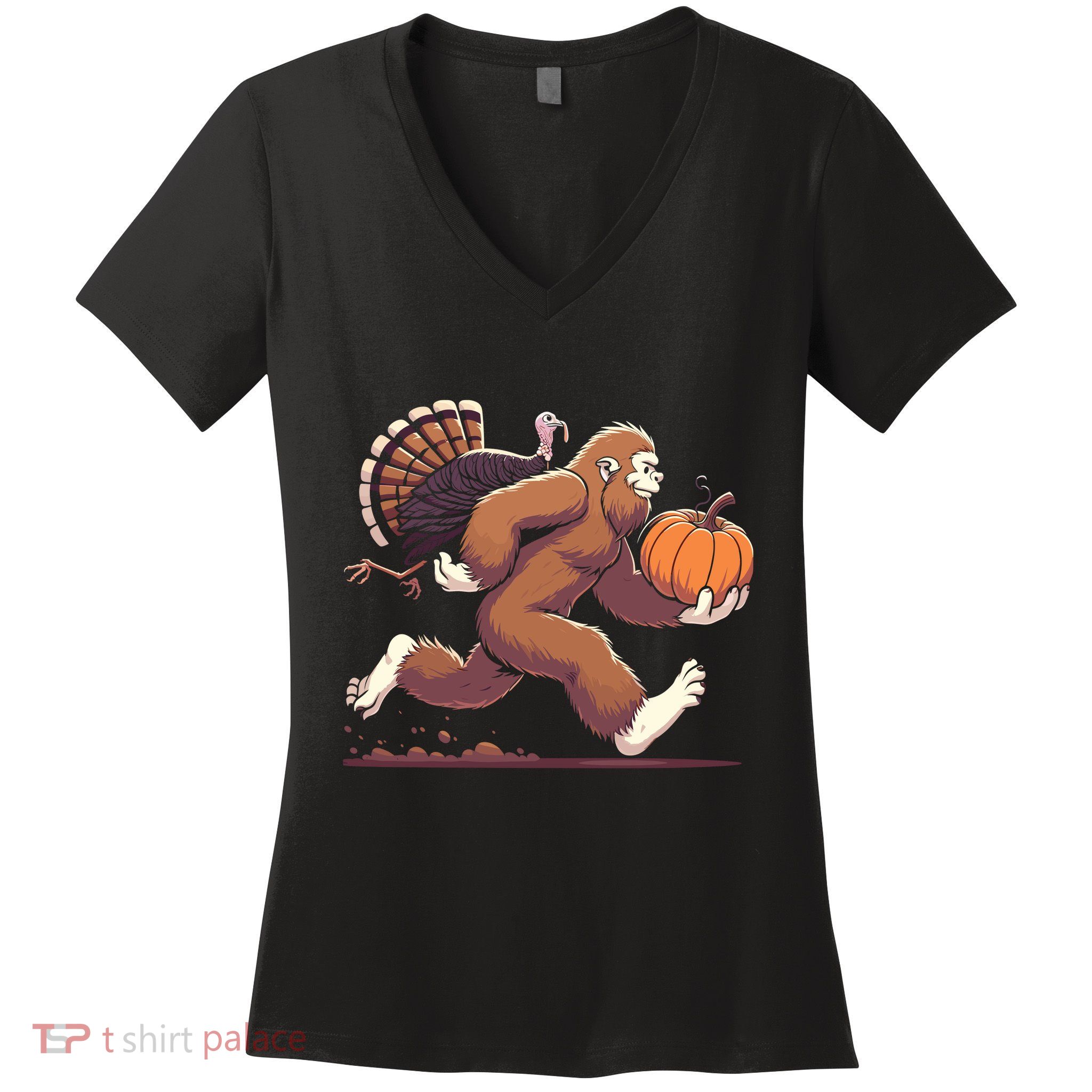 Bigfoot Sasquatch With Turkey And Pumpkin For Thanksgiving Women's V-Neck T-Shirt