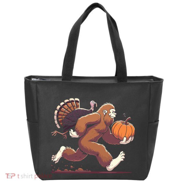 Bigfoot Sasquatch With Turkey And Pumpkin For Thanksgiving Zip Tote Bag