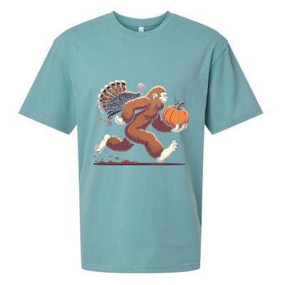 Bigfoot Sasquatch With Turkey And Pumpkin For Thanksgiving Sueded Cloud Jersey T-Shirt