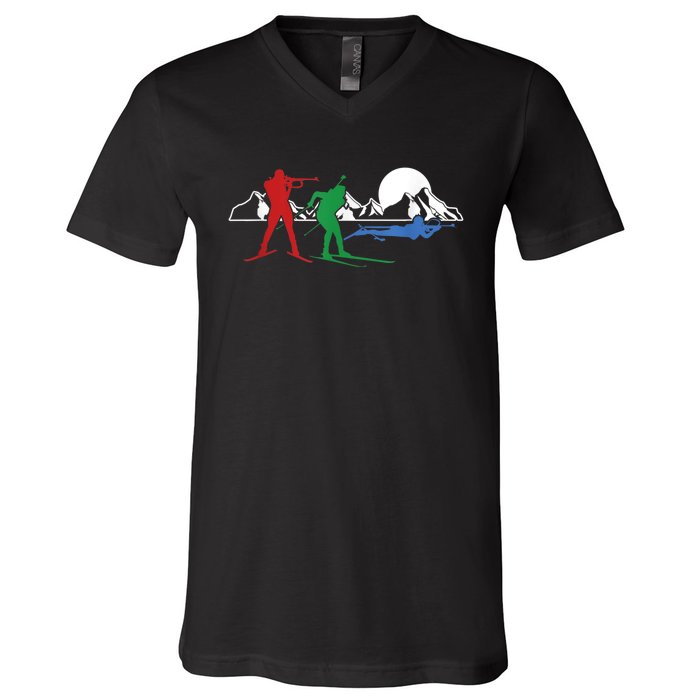 Biathlon Ski Winter Sports Cross Country Skiing Snow V-Neck T-Shirt