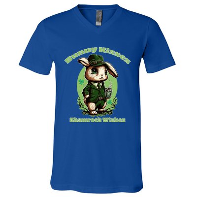 Bunny Shamrock Wishes Gift St Patricks Day Bunny Easter Gift V-Neck T-Shirt