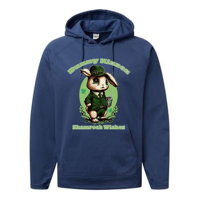 Bunny Shamrock Wishes Gift St Patricks Day Bunny Easter Gift Performance Fleece Hoodie