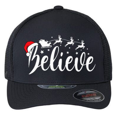 Believe Santa Xmas Pajama Funny Christmas Vibes Flexfit Unipanel Trucker Cap