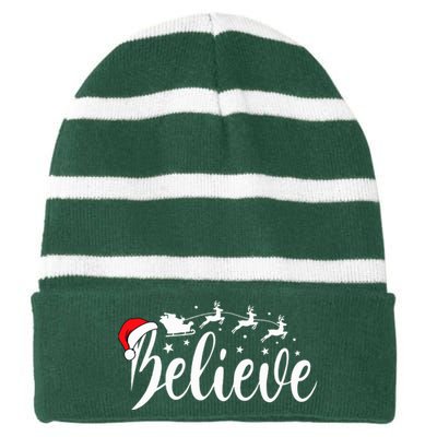 Believe Santa Xmas Pajama Funny Christmas Vibes Striped Beanie with Solid Band