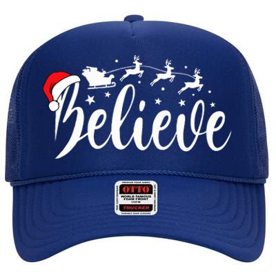 Believe Santa Xmas Pajama Funny Christmas Vibes High Crown Mesh Back Trucker Hat