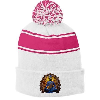 Buddha Statue Yoga Buddhist Zen Buddhism Meditation Stripe Pom Pom Beanie