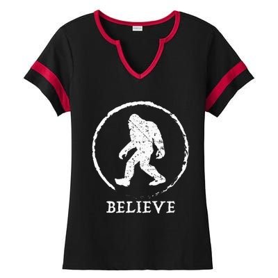 Bigfoot Sasquatch Yeti Believe Ladies Halftime Notch Neck Tee