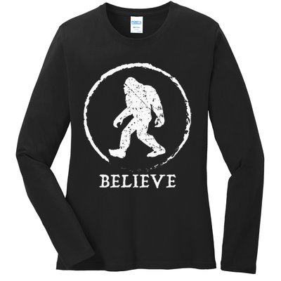 Bigfoot Sasquatch Yeti Believe Ladies Long Sleeve Shirt