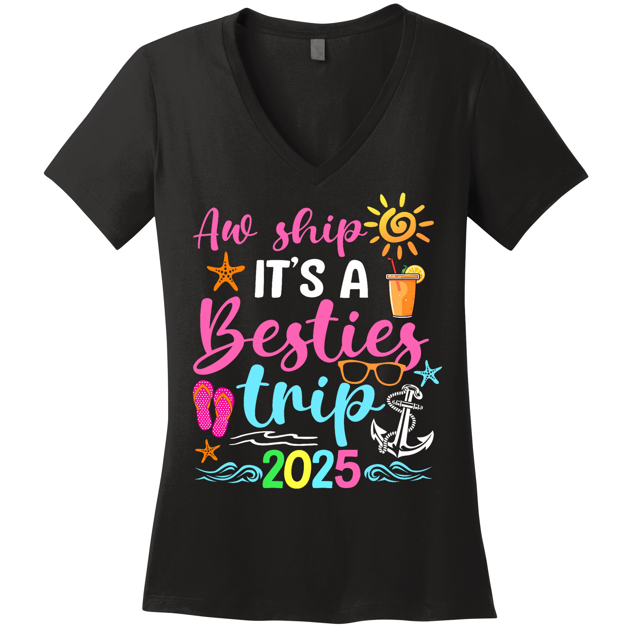 Besties Trip 2025 Friend Cruise Trip Summer Vacation Women's V-Neck T-Shirt