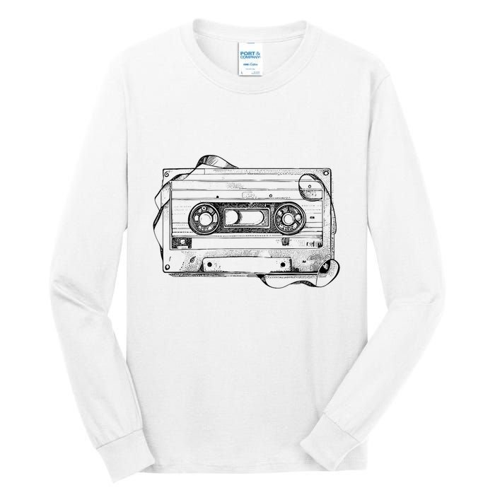 Back To 80S 90S Mix Tape Music Sketch Drawing Music Tape Tall Long Sleeve T-Shirt