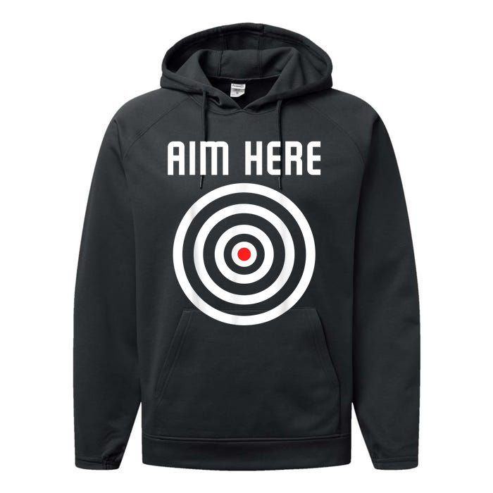 Bullseye Target Aim Here Darts Players Shooting Performance Fleece Hoodie